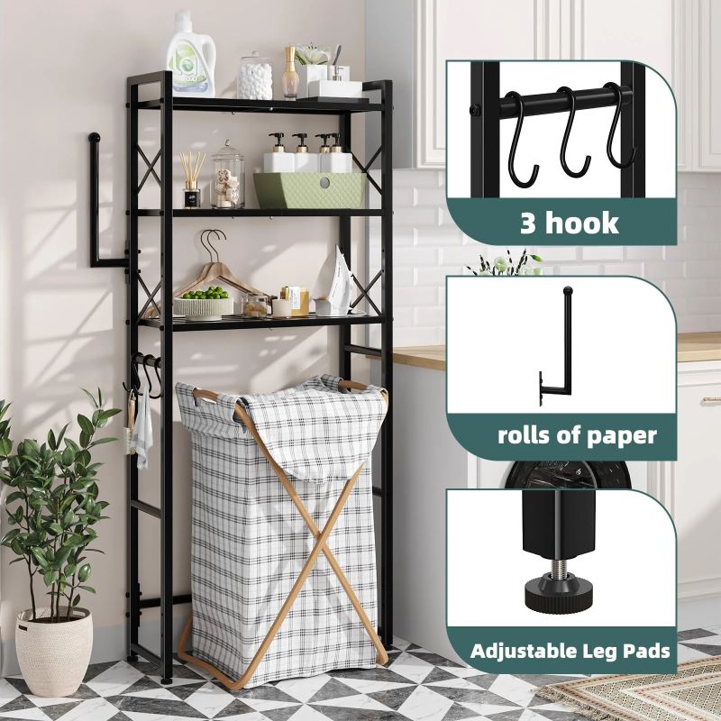 Heavy Duty 3-Tier Over The Toilet Storage Rack with Hooks and Paper Holder