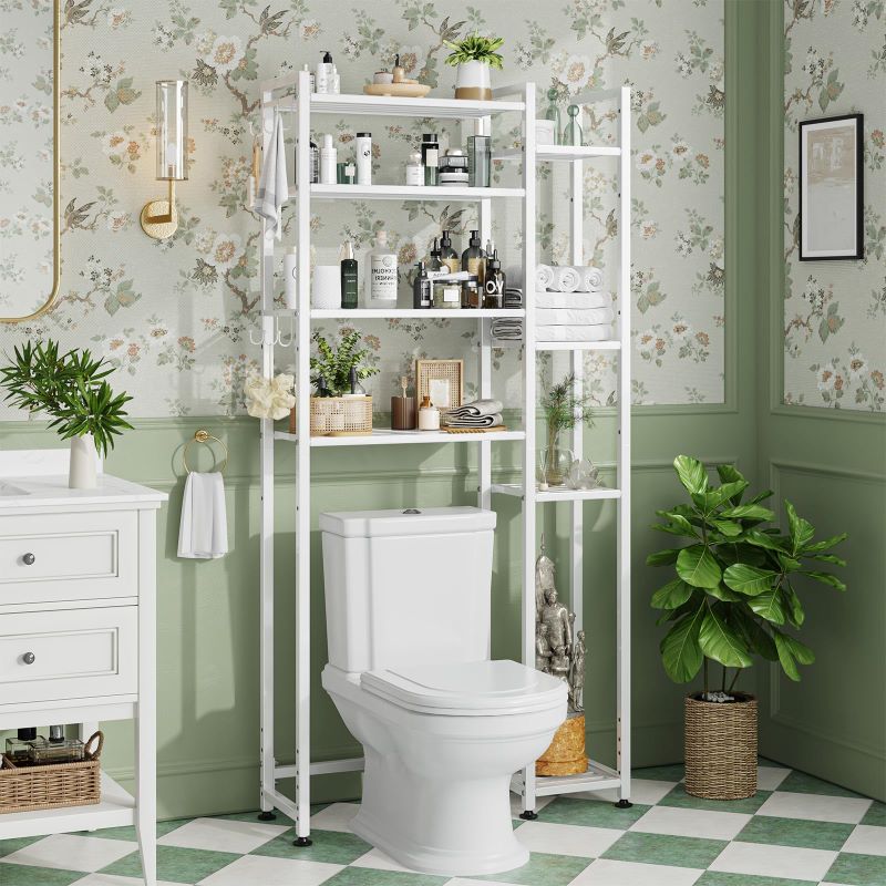 4-Tier Over-The-Toilet Storage Rack with Side Shelf & Hooks
