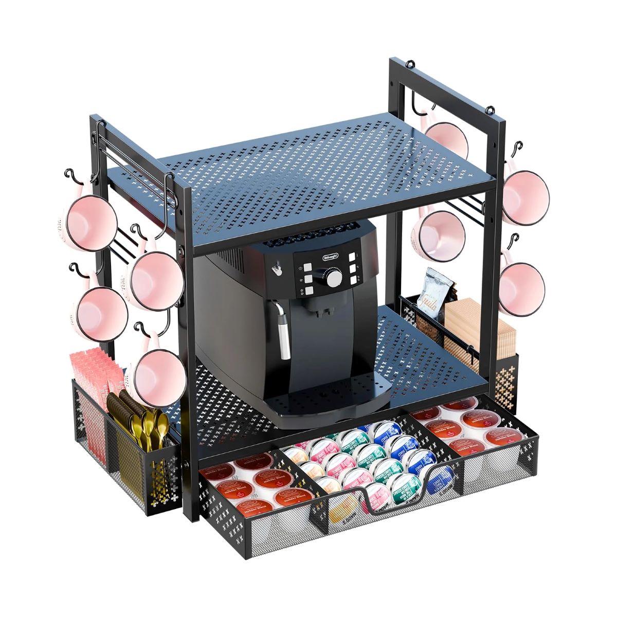 2 Tier Coffee Pod Holder for K-Cups with Mug Rack & Sliding Drawer Organizer