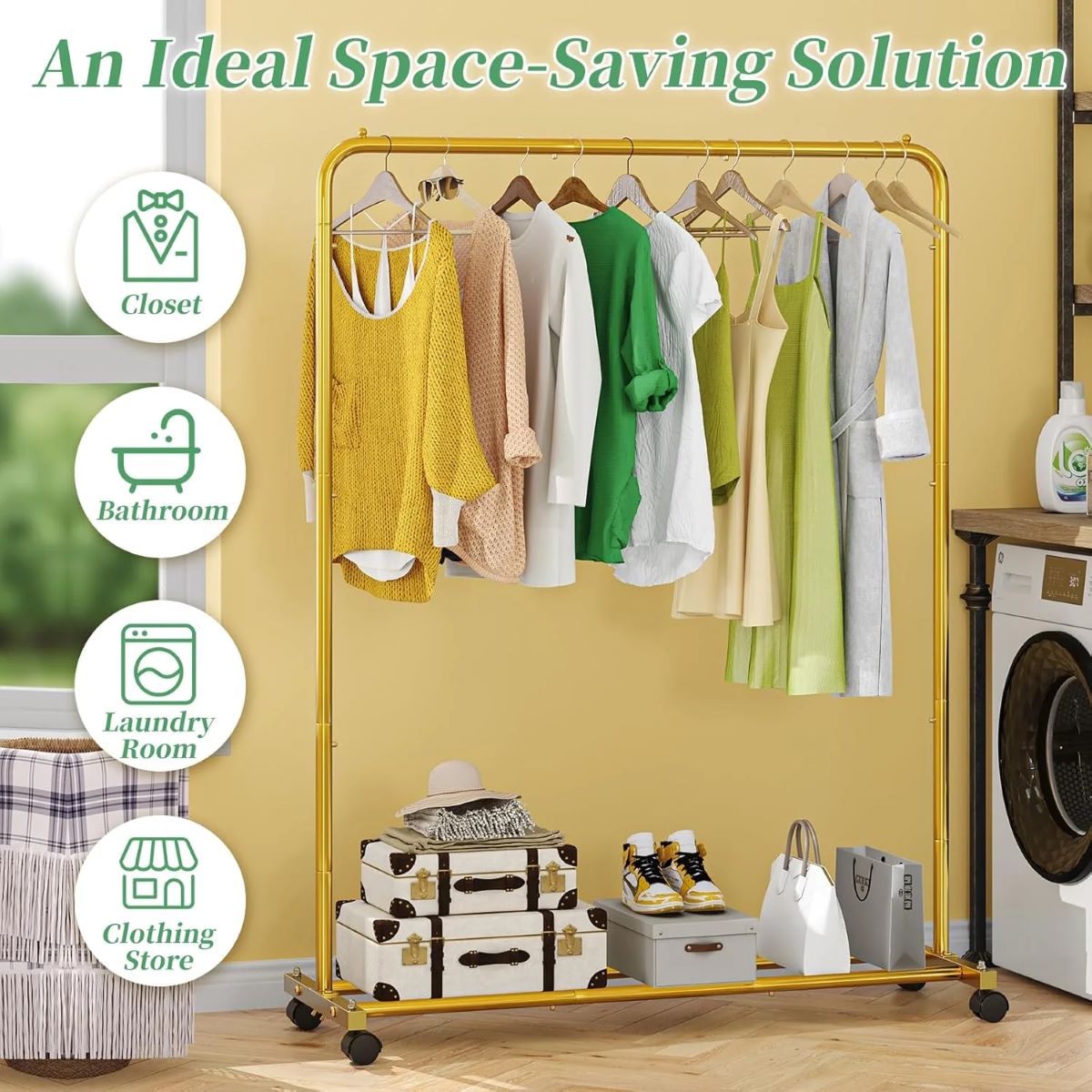 Sturdy Rolling Garment Rack with Shelves for Clothing Organization, Golden Yellow