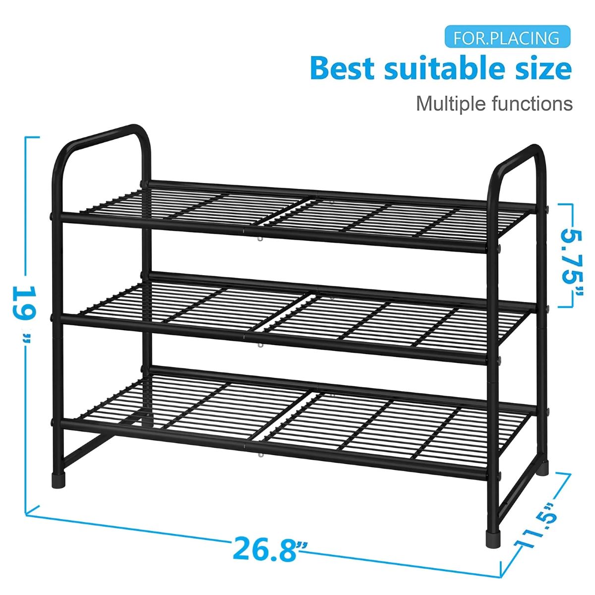 3-Tier Stackable Shoe Rack, Expandable Wire Grid Organizer, Adjustable Black Shelves