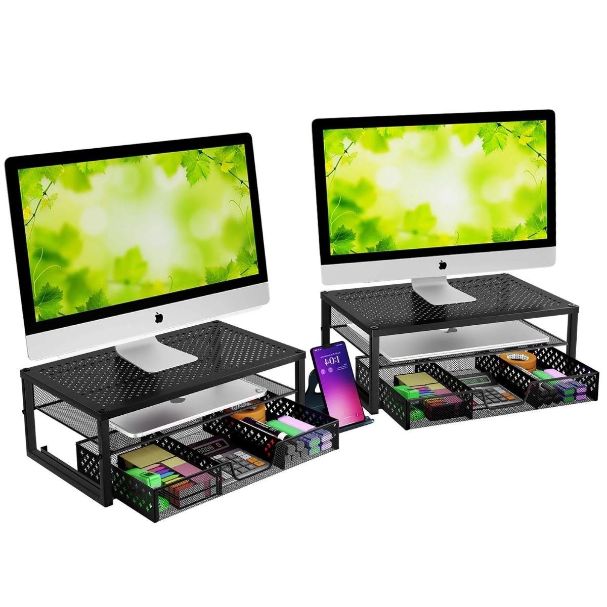 2 Pack 2-Tier Metal Monitor Riser with Drawer, Space-Saving Desk Organizer