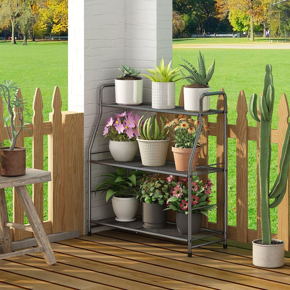 3-Tier Metal Plant Stand for Indoor/Outdoor Use, Waterproof and Durable