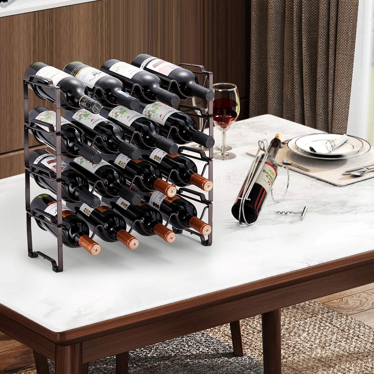 4-Tier Stackable Wine Rack, Holds 16 Bottles, Elegant Bronze Storage Organizer