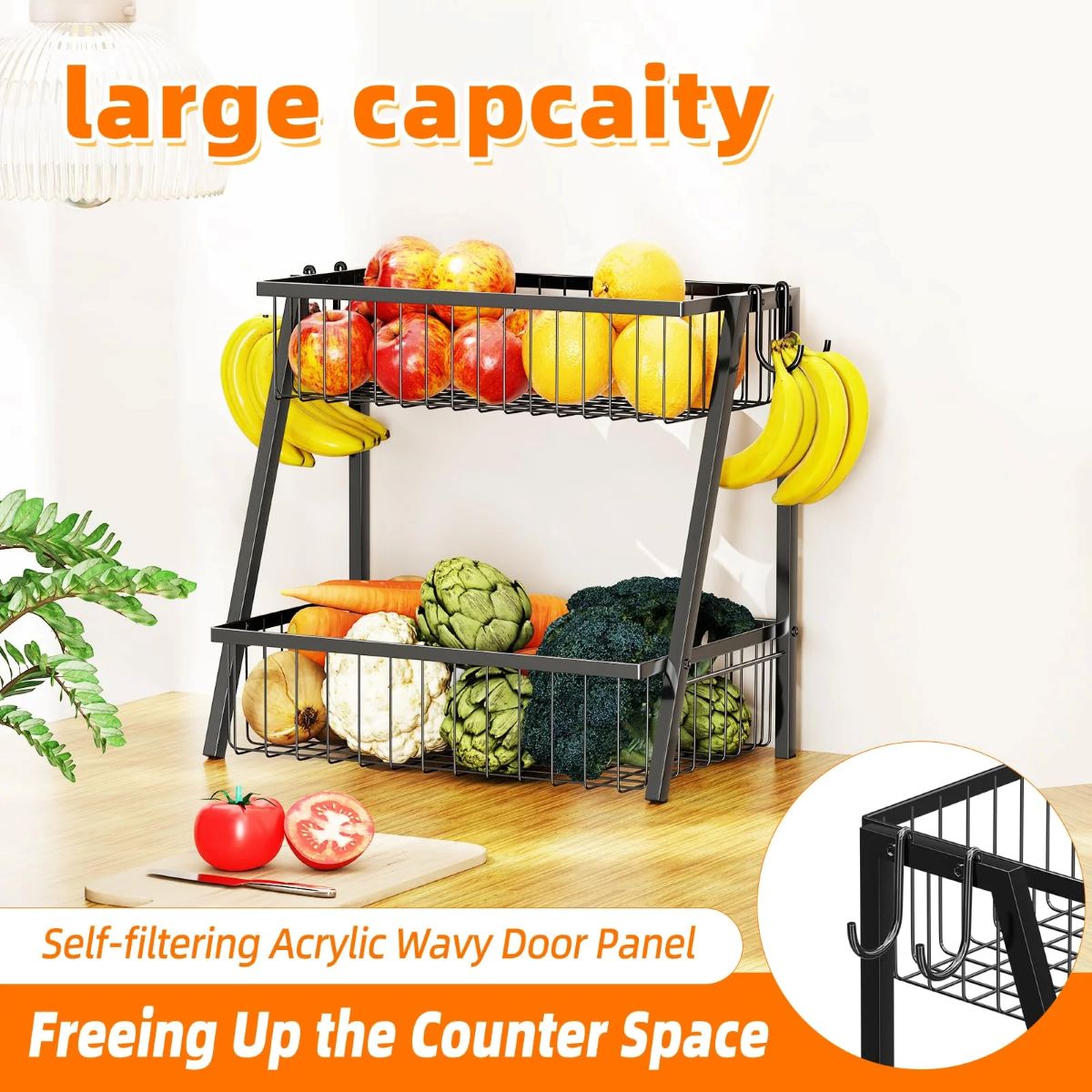 2 Tier Metal Wire Fruit Basket with 4 Banana Hooks, Kitchen Organizer in Black