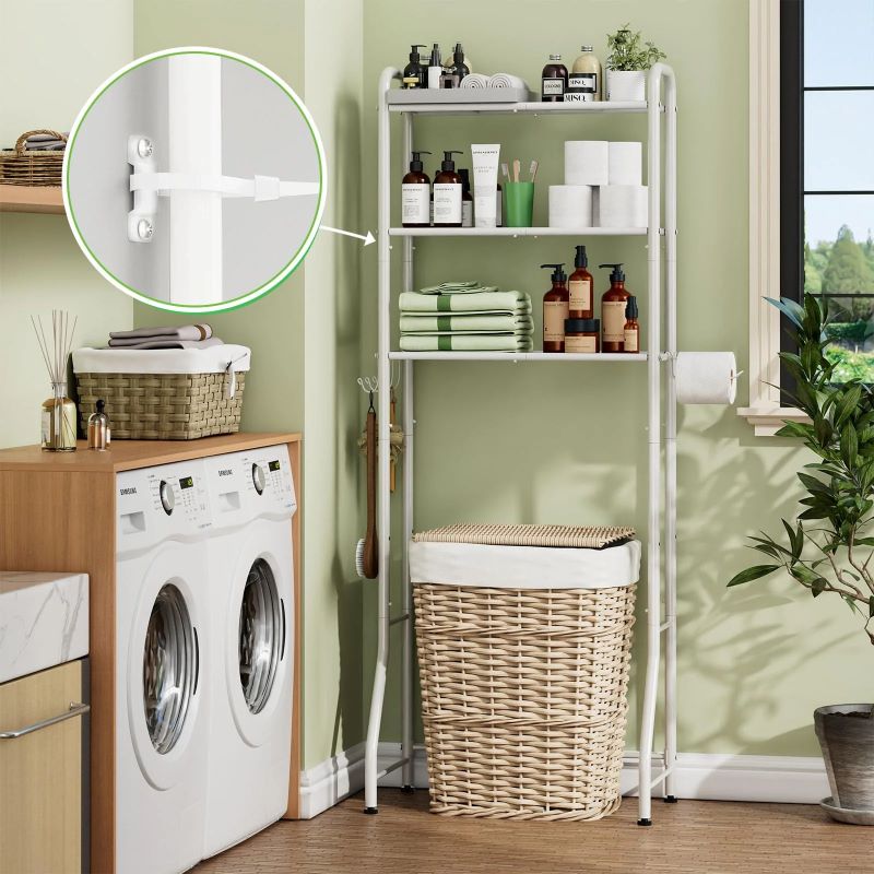 3-Tier Over The Toilet Storage Rack with Hooks and Paper Holder for Bathroom