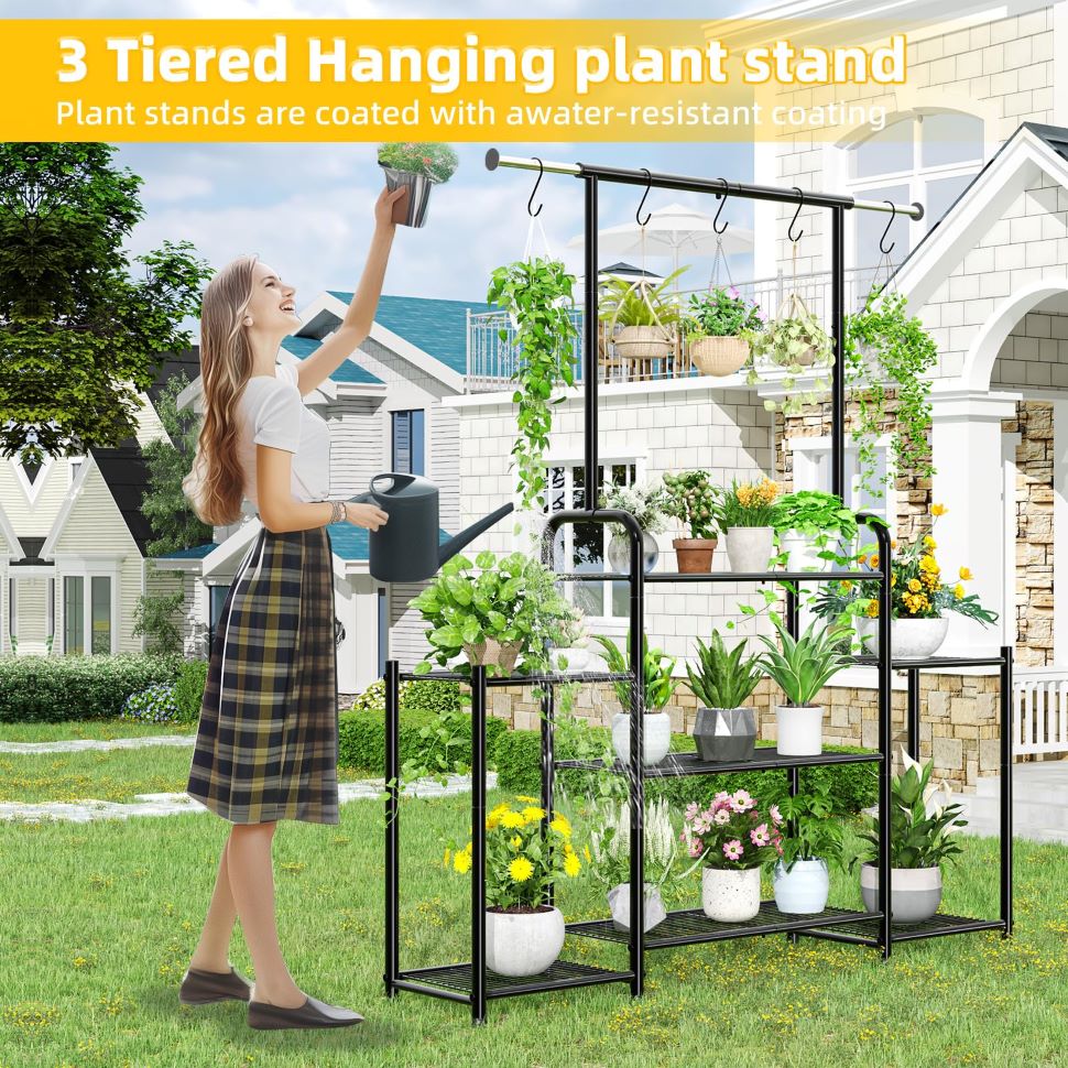 Heavy Duty 3-Tier Metal Plant Stand for Indoor/Outdoor Use, Black
