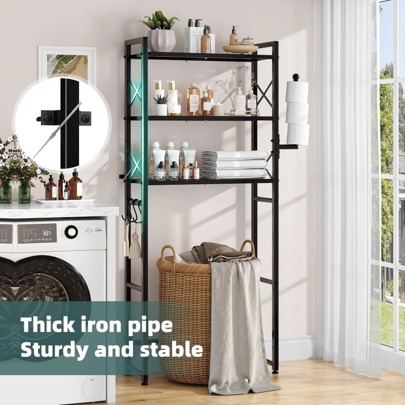 Heavy Duty 3-Tier Over The Toilet Storage Rack with Hooks and Paper Holder