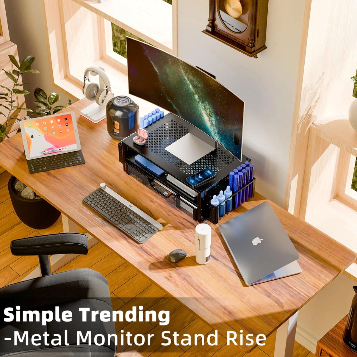 2 Tier Metal Monitor Stand with Drawer and Pen Holder for Desk Organization