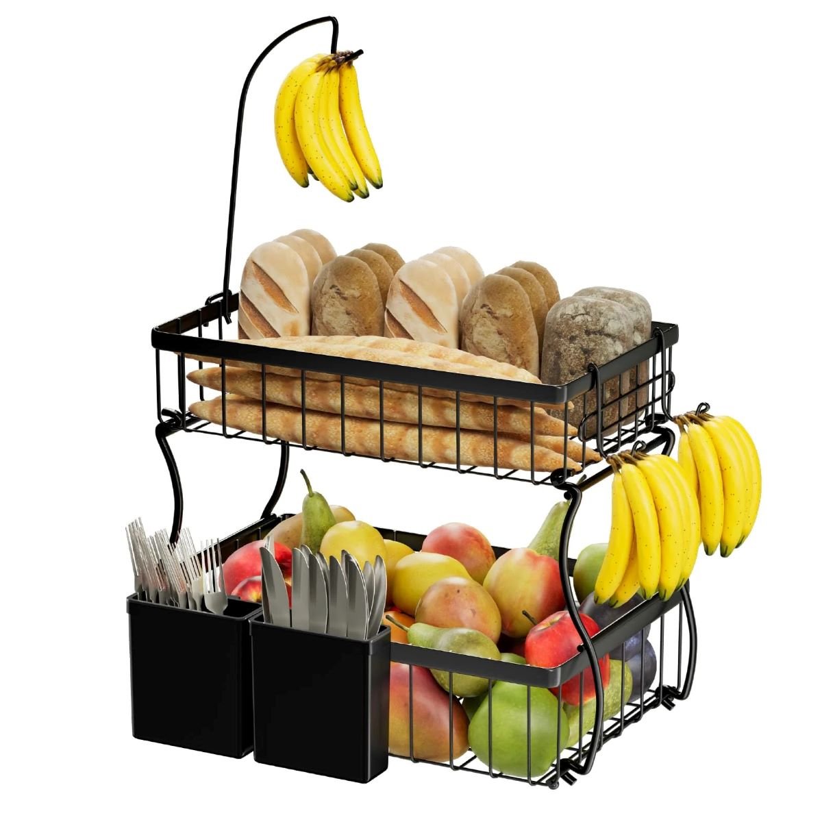 2 Tier Metal Fruit Bowl with 3 Hooks, Kitchen Organizer for Produce & Snacks