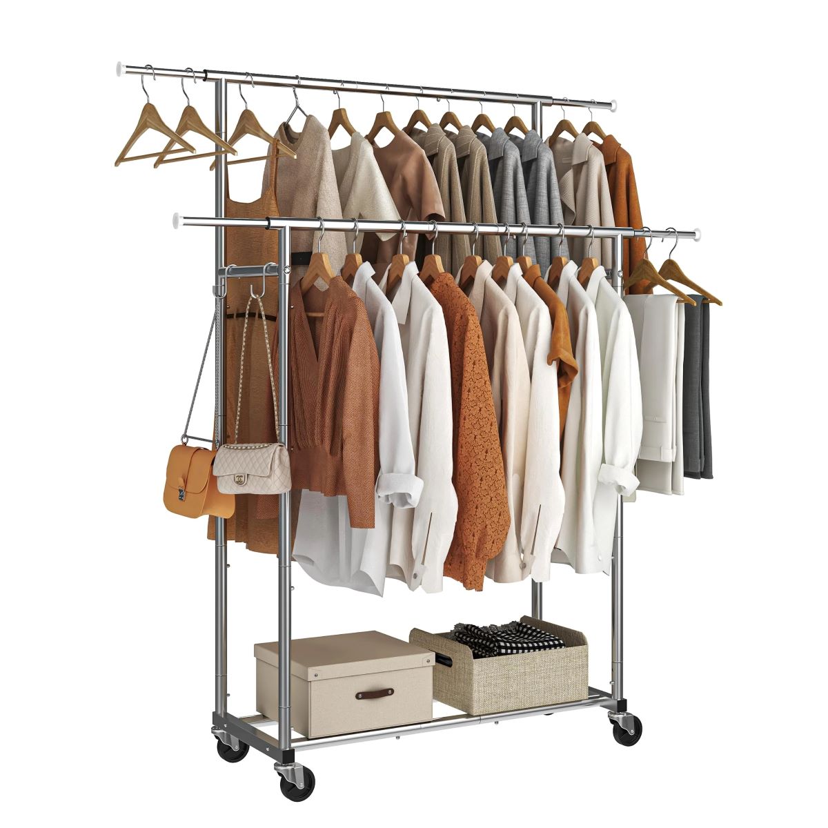 Chrome Double Rod Clothing Garment Rack on Wheels with Hooks – QIONGFENG