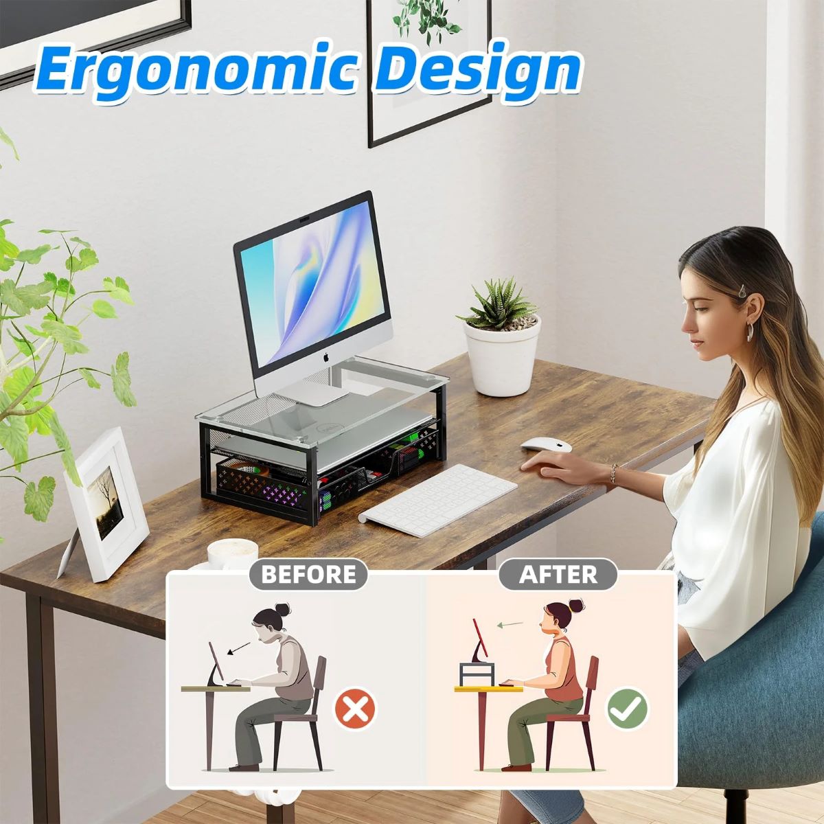 2-Tier Glass Metal Monitor Stand Riser - Ergonomic Desk Organizer with Drawer