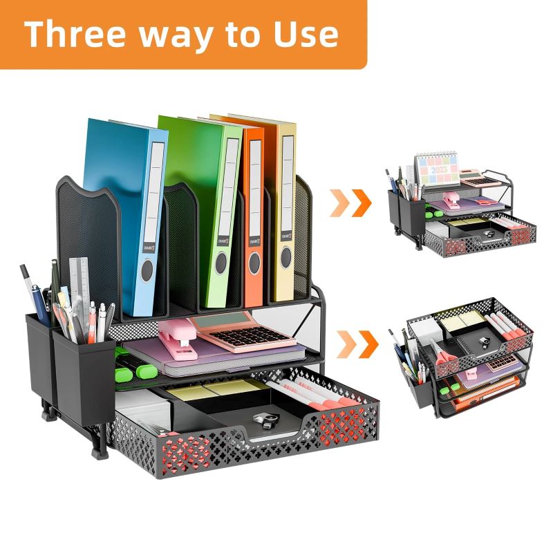 Black Desk File Organizer with Sliding Drawer & 5 Section Sorter