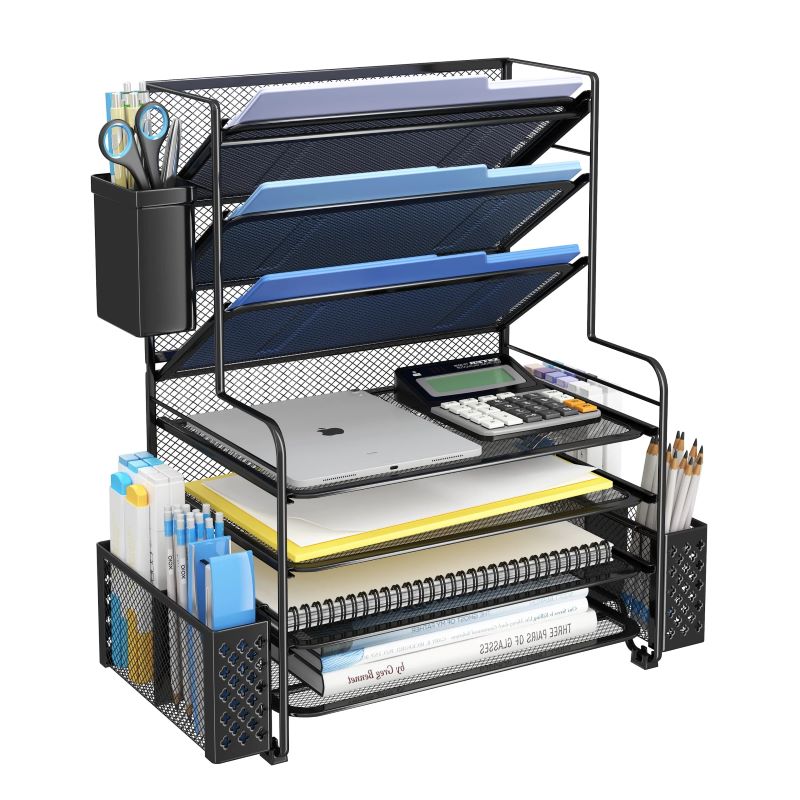 7-Tier Desk File Organizer with Pen Holder & Hanging Basket for Home Office