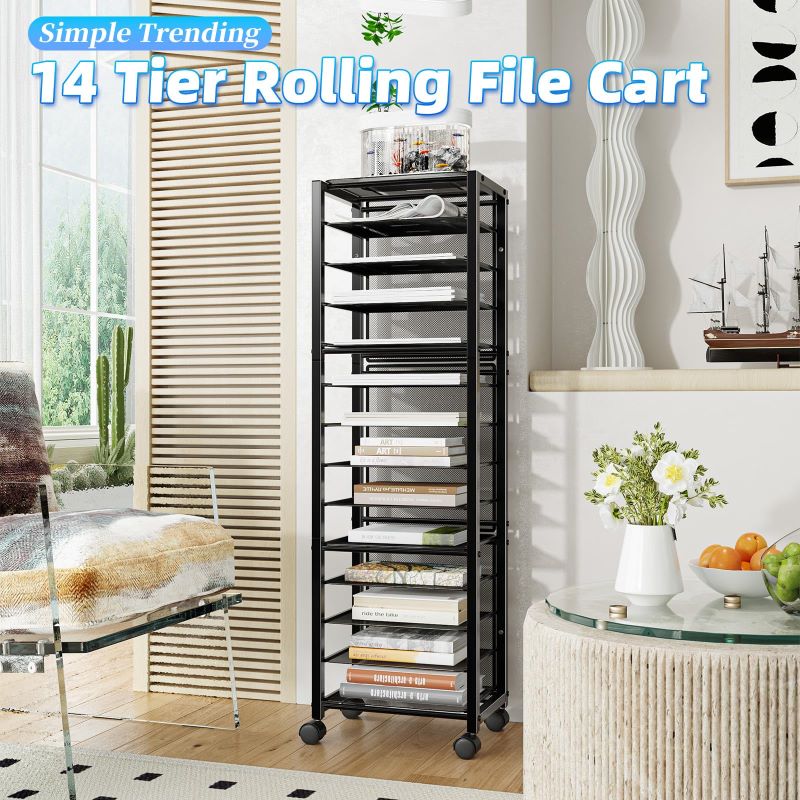 14-Tier Rolling File Cart - Versatile Desk Organizer with Sliding Trays