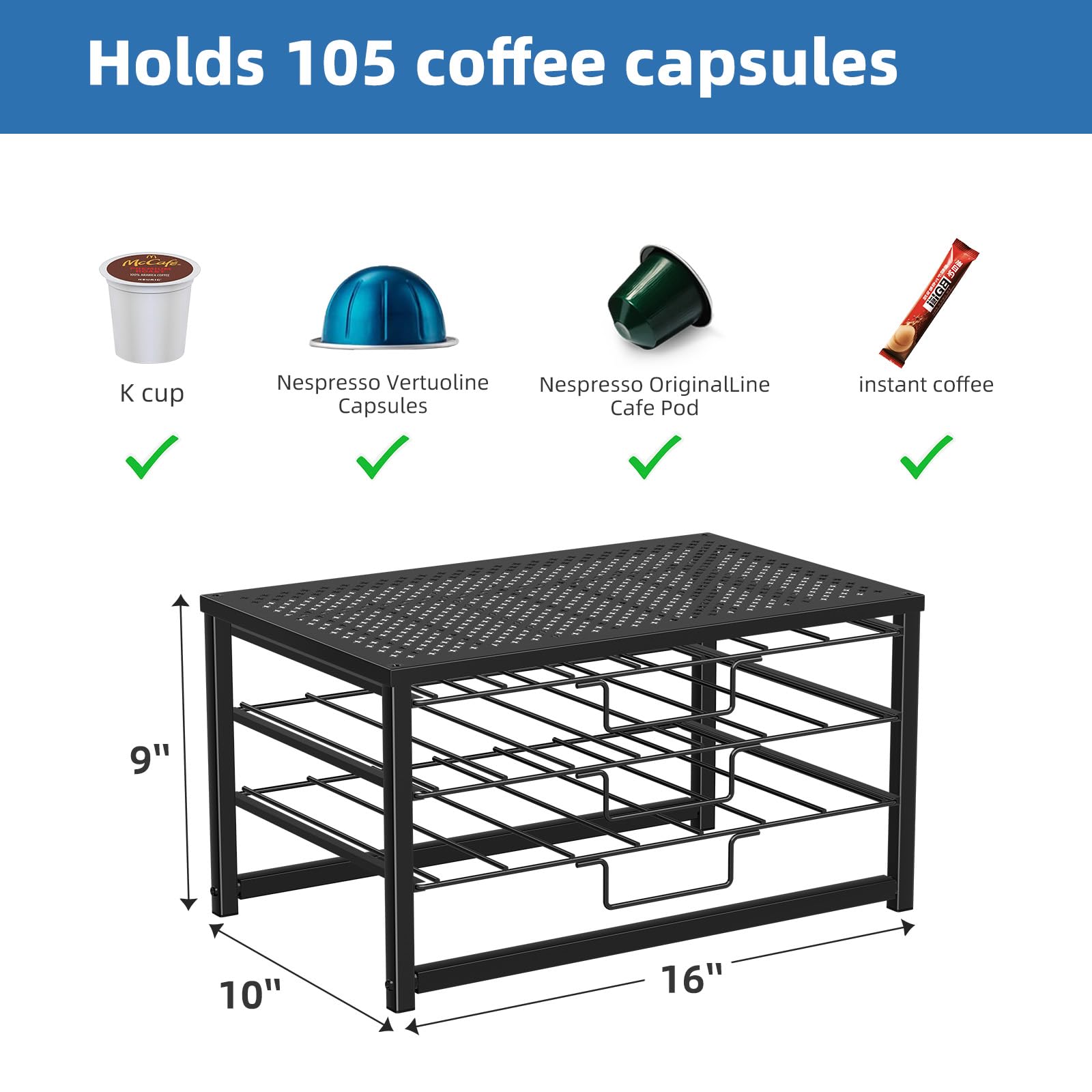 Stylish 3-Tier Coffee Pod Holder with Sliding Drawer, 105 Pod Capacity, Black