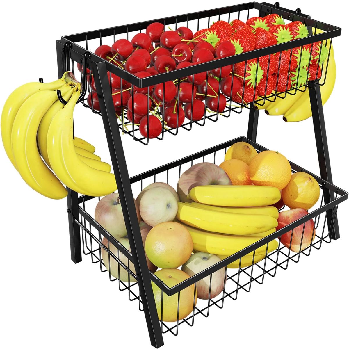 2 Tier Metal Wire Fruit Basket with 4 Banana Hooks, Kitchen Organizer in Black