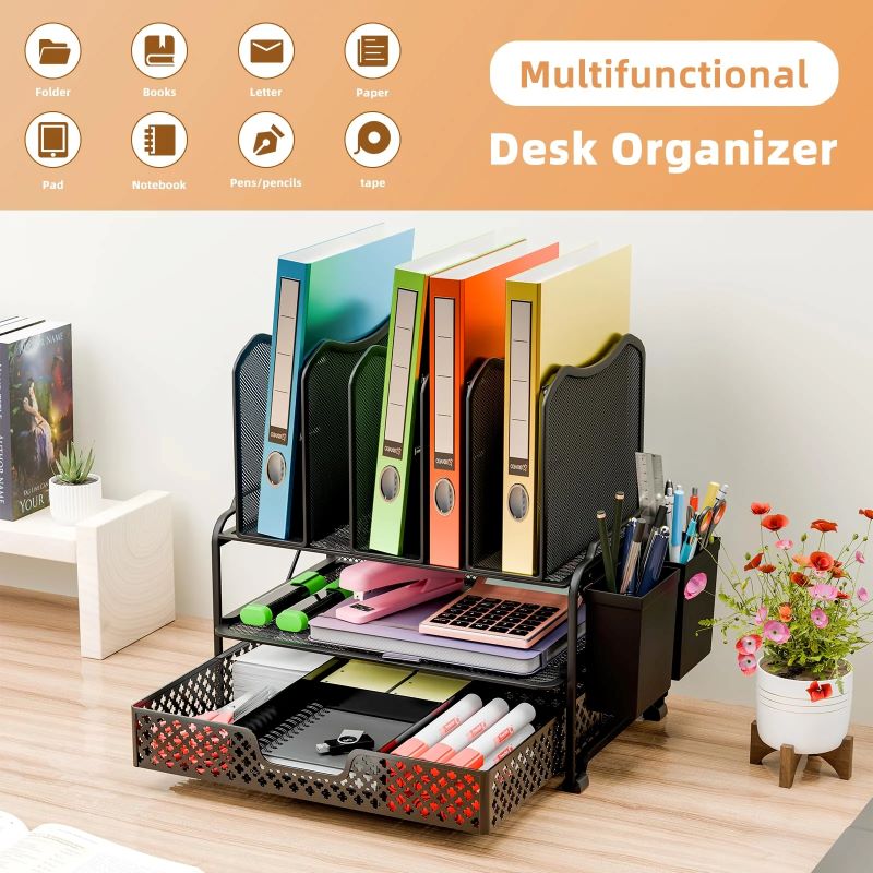 Black Desk File Organizer with Sliding Drawer & 5 Section Sorter