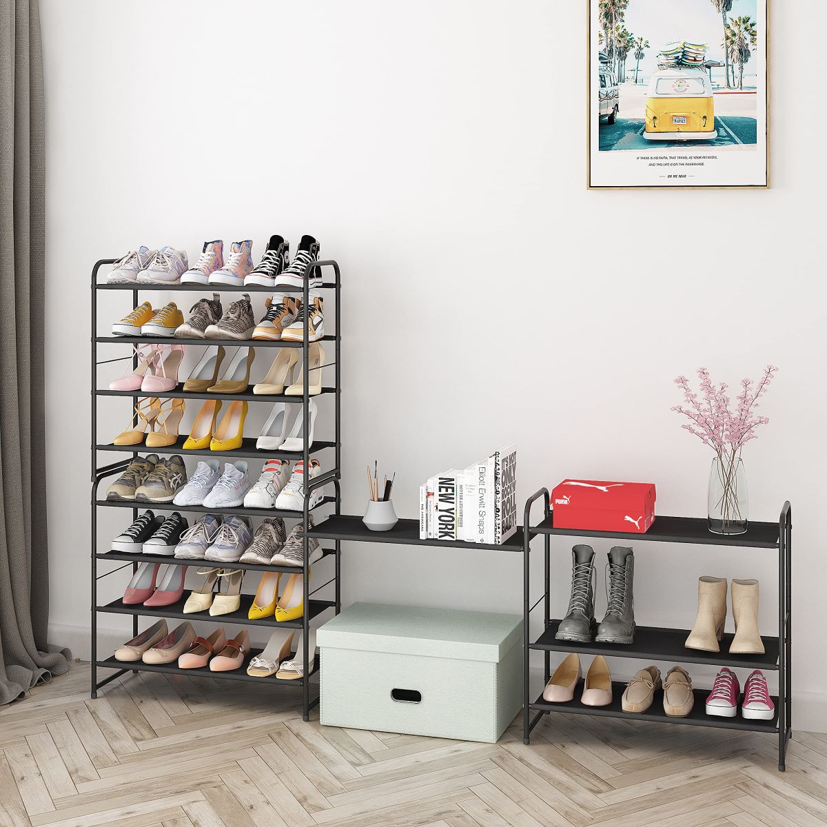 4-Tier Stackable Shoe Rack, Adjustable Fabric Shelf Organizer for 12-16 Pairs