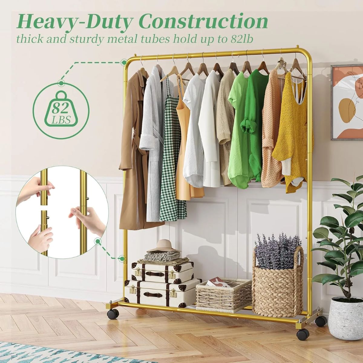 Sturdy Rolling Garment Rack with Shelves for Clothing Organization, Golden Yellow