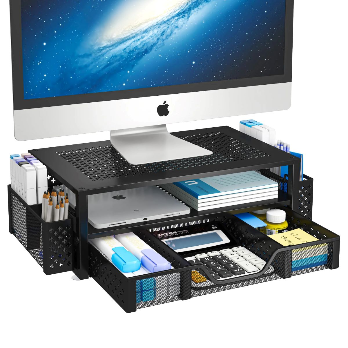 2 Tier Metal Monitor Stand with Drawer and Pen Holder for Desk Organization