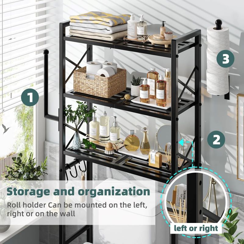 Heavy Duty 3-Tier Over The Toilet Storage Rack with Hooks and Paper Holder