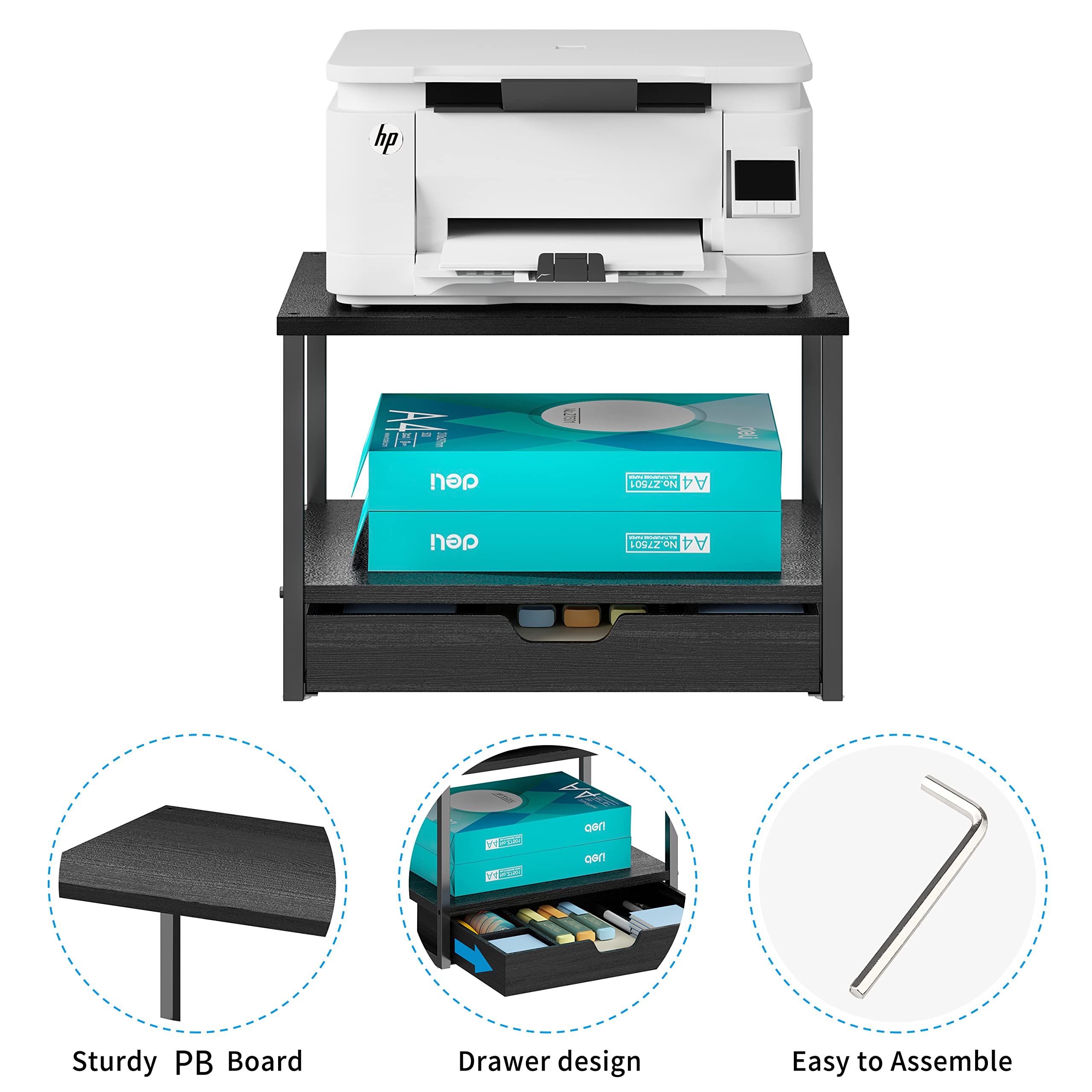 2 Tier Desktop Printer Stand with Sliding Drawer & Multi-Purpose Organizer