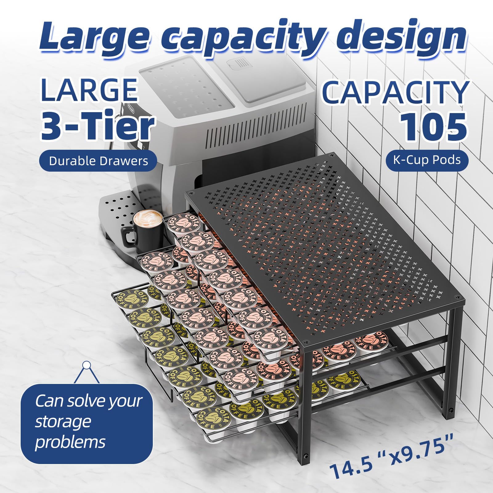 Stylish 3-Tier Coffee Pod Holder with Sliding Drawer, 105 Pod Capacity, Black