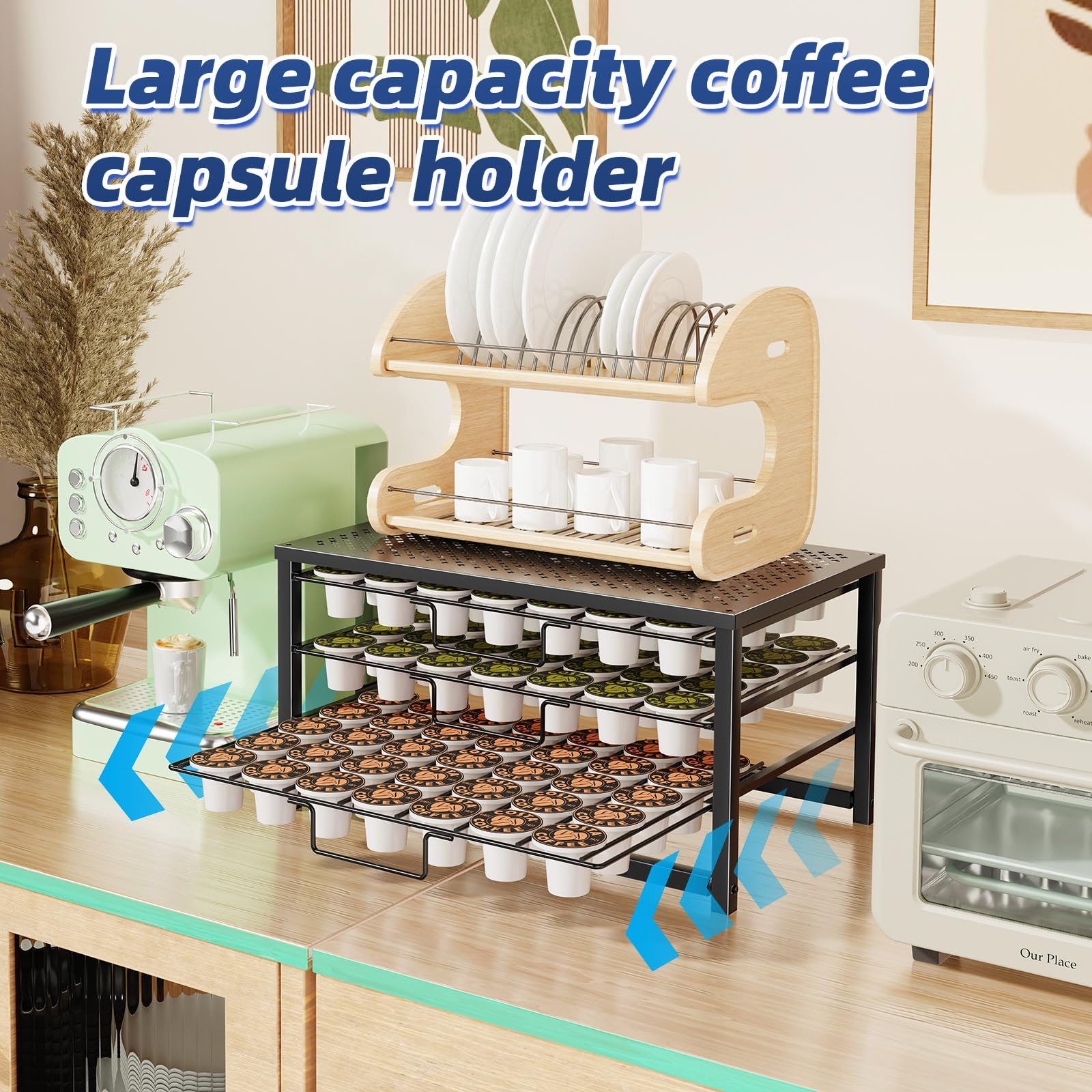 Stylish 3-Tier Coffee Pod Holder with Sliding Drawer, 105 Pod Capacity, Black