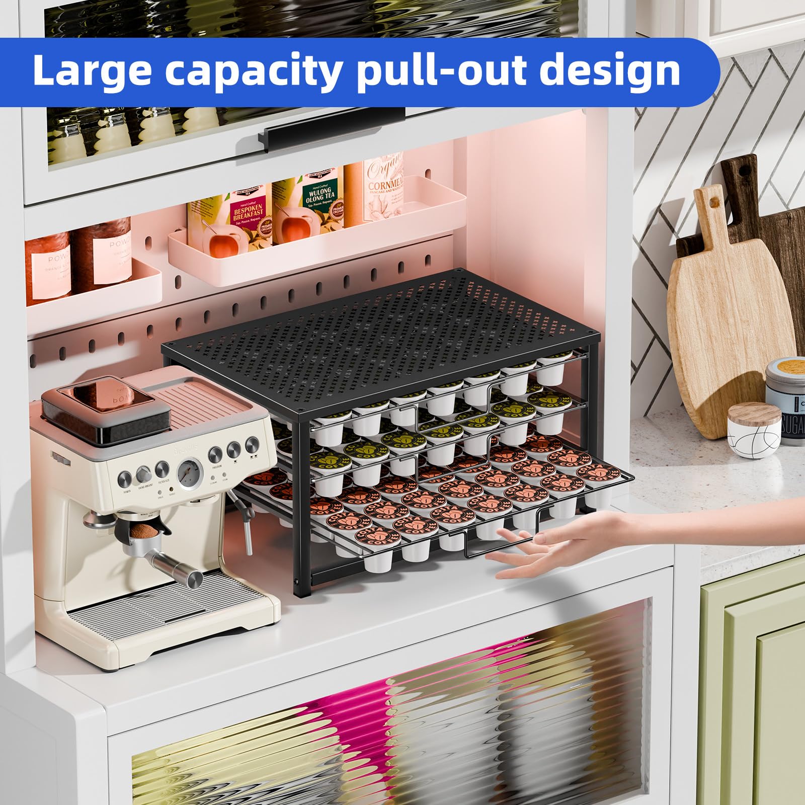 Stylish 3-Tier Coffee Pod Holder with Sliding Drawer, 105 Pod Capacity, Black