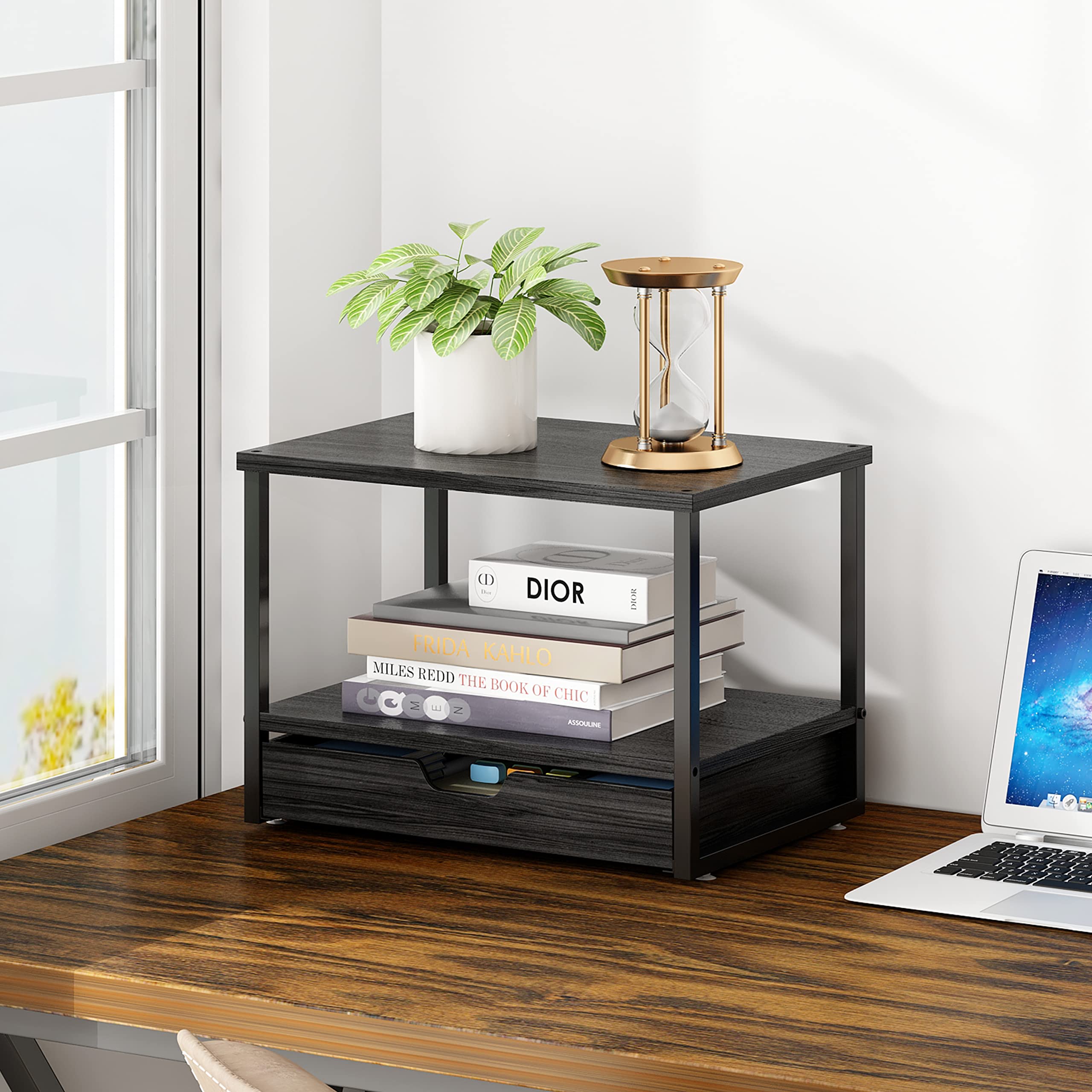 2 Tier Desktop Printer Stand with Sliding Drawer & Multi-Purpose Organizer