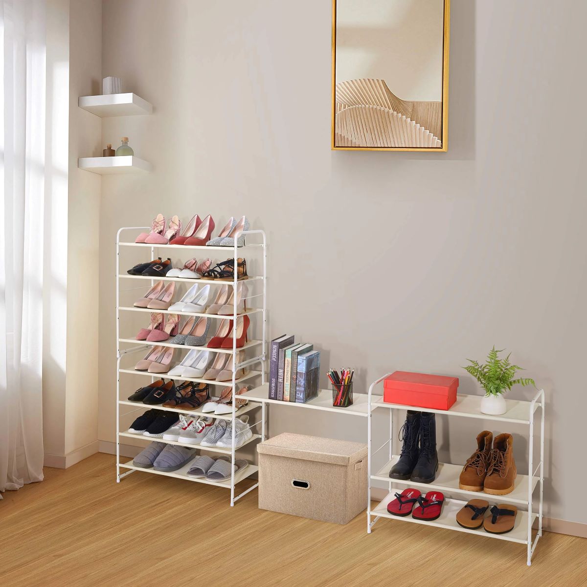 4-Tier Stackable Shoe Rack, Adjustable Fabric Shelf Organizer for 12-16 Pairs