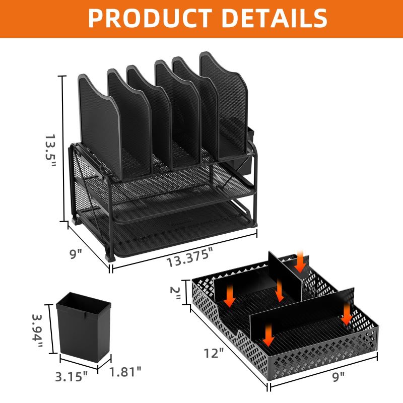 Black Desk File Organizer with Sliding Drawer & 5 Section Sorter