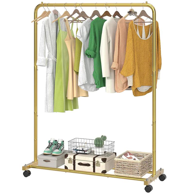 Sturdy Rolling Garment Rack with Shelves for Clothing Organization, Golden Yellow