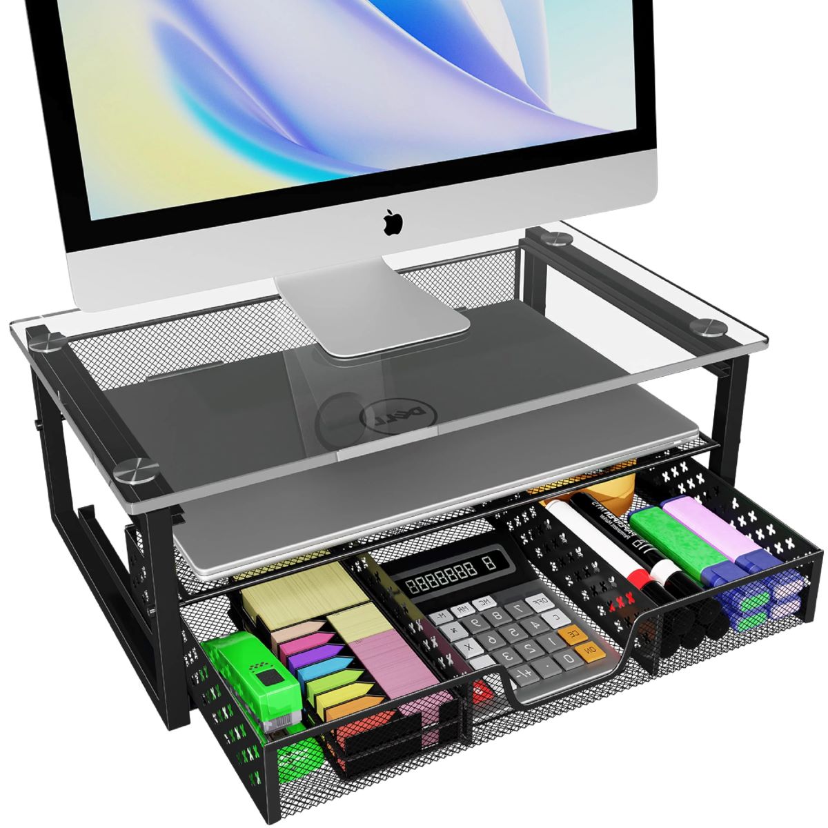 2-Tier Glass Metal Monitor Stand Riser - Ergonomic Desk Organizer with Drawer