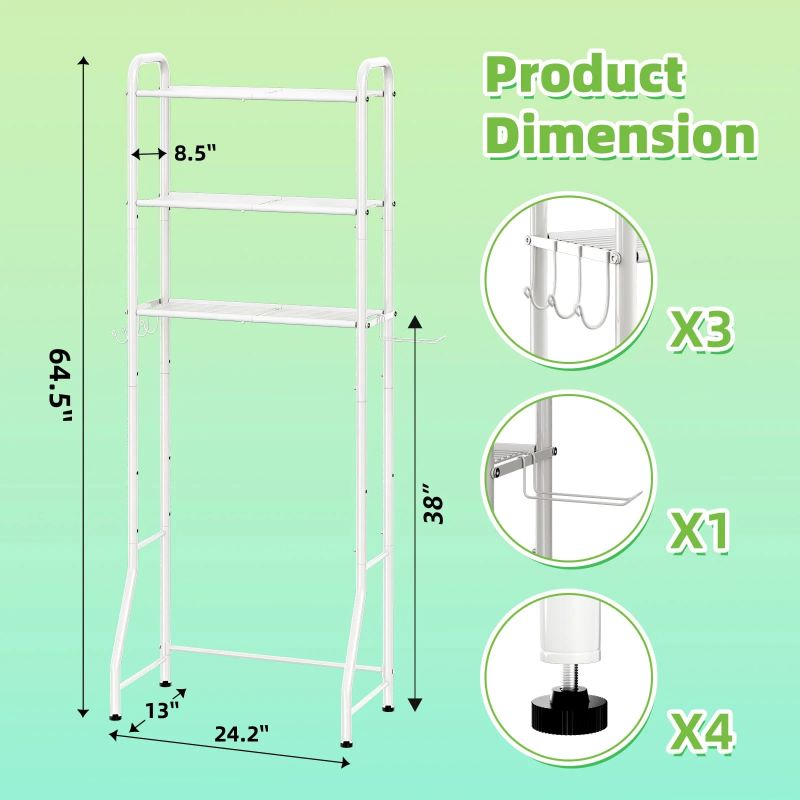 3-Tier Over The Toilet Storage Rack with Hooks and Paper Holder for Bathroom