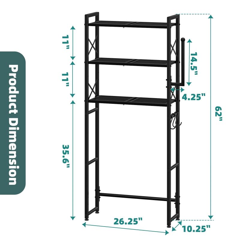 Heavy Duty 3-Tier Over The Toilet Storage Rack with Hooks and Paper Holder