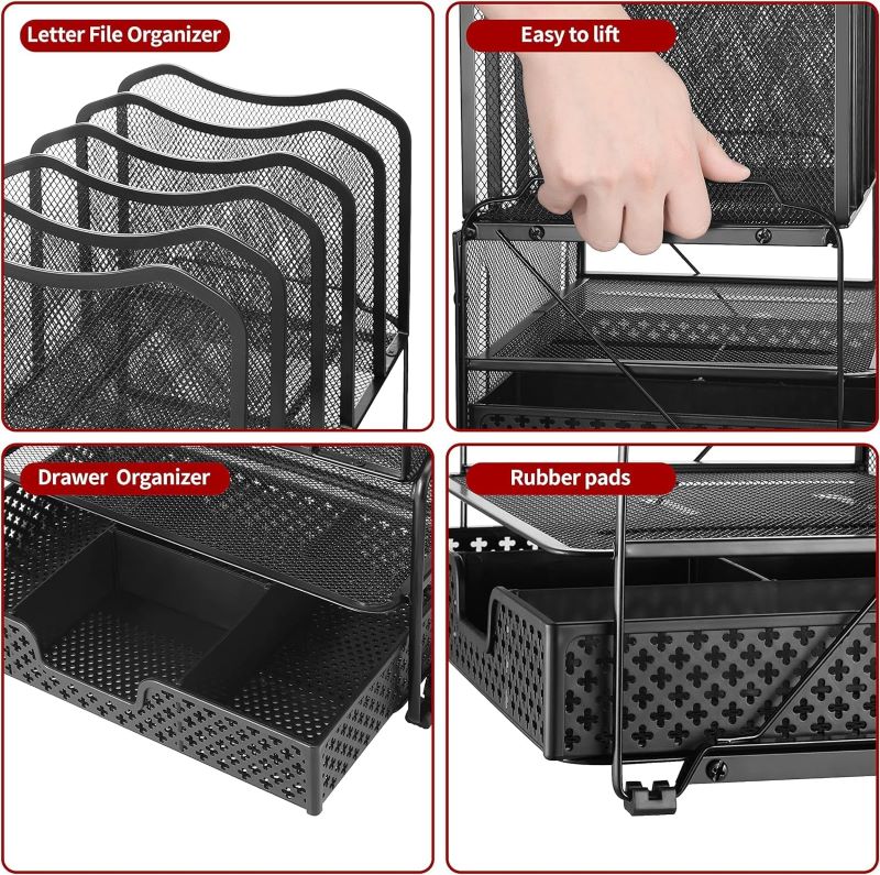 Black Desk File Organizer with Sliding Drawer & 5 Section Sorter