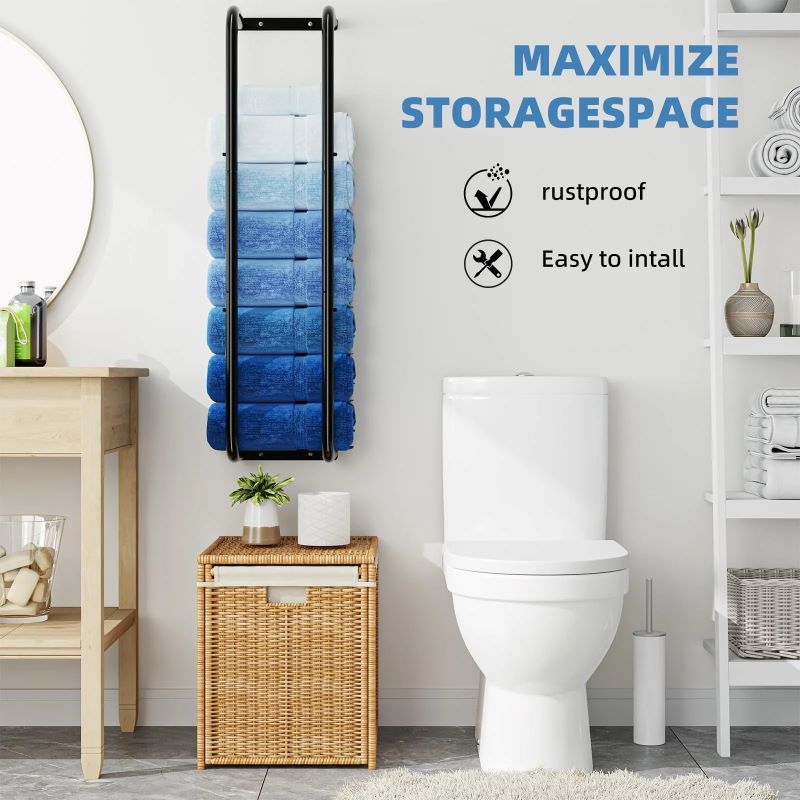 Wall-Mounted Towel Storage Rack for Bathroom, Holds 9 Large Towels, Black