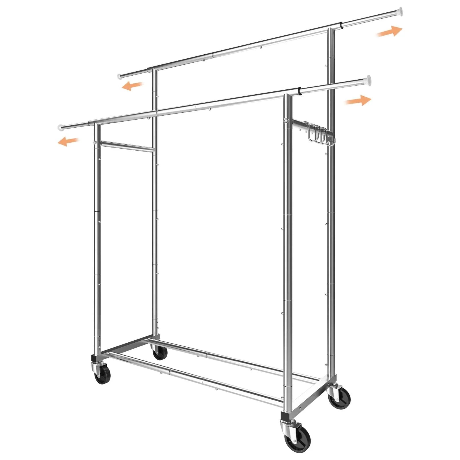Chrome Double Rod Clothing Garment Rack on Wheels with Hooks